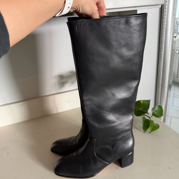 Vince Black Leather Wide Calf Heeled Knee-High Boots - Picture 4 of 9